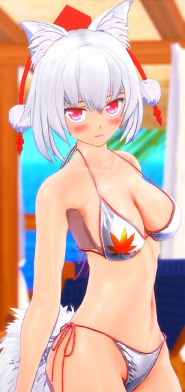 1girls 2024 3d armgvunasm autumn_leaves bikini female headwear kemonomimi light-skinned_female light_skin looking_at_viewer mmd momiji_inubashiri mountain_of_faith red_string_bikini solo_female solo_focus swimsuit tengu tokin_hat touhou white_bikini white_wolf wolf_tail