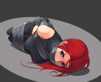 1girls alternate_eye_color arms_behind_back bare_shoulders blue_eyes bondage bound breast_bondage breasts dino_crisis female female_only fully_clothed gag gagged gbeeee improvised_gag large_breasts lying on_side red_hair regina_(dino_crisis) skin_tight solo tape tape_bondage tape_gag
