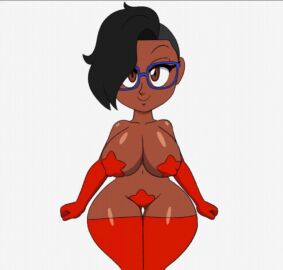 1girls big_breasts big_hips black_hair breasts covered_nipples covered_pussy dark-skinned_female dark_skin ebony female glasses hair long_gloves long_hair long_socks looking_at_viewer pasties posing pussy screenshot seductive smug solo star_pasties tagme tansau wide_hips