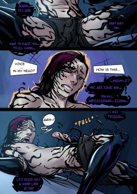 2023 3_panel_comic absurd_res bed bedroom blush bulge closed_eyes clothed clothing comic detailed_bulge dialogue digital_media_(artwork) english_text erection furniture genital_outline genitals goo_transformation hair hi_res highlights_(coloring) human male mammal marvel marvel_comics maxspite mostly_nude nipples on_bed onomatopoeia open_mouth penis penis_outline purple_eyes purple_highlights purple_text simple_background solo solo_male sound_effects speech_bubble spread_legs spreading surprised_expression symbiote teeth tendrils text transformation underwear undressing