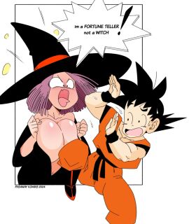 aged_down breasts cleavage colored comic doujin dragon_ball dragon_ball_super dragon_ball_z english_text female fortune_teller_baba hi_res pasaway_komiks pasawaykomiks pink_hair son_goku text_bubble yelling