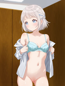 absurdres alpaca_no_otouto aqua_bra armpit_crease bar_censor blue_eyes blue_ribbon blush bottomless bra breasts censored cleft_of_venus collarbone female gakuen_idolmaster grey_hair groin hair_ribbon half_up_braid highres idolmaster indoors katsuragi_lilja linea_alba looking_to_the_side navel open_clothes open_shirt pussy ribbon ribbon_braid shirt_hold short_hair small_breasts smile solo stomach underwear