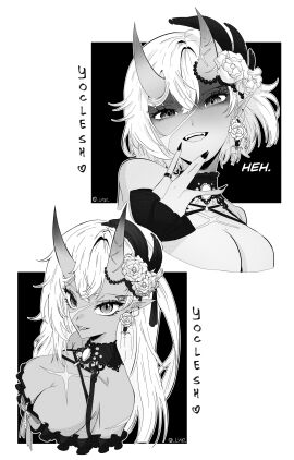 2girls akumi artist_name bare_shoulders big_breasts blush breasts choker cleavage dark_skin female flower greyscale hair_between_eyes hair_flower hair_ornament heart horns jewelry large_breasts long_hair looking_at_viewer monochrome multiple_females multiple_girls oni oni_horns open_mouth pointy_ears scars short_hair smile striped teeth virtual_youtuber vyugen