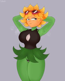 2025 armpits arms_behind_back arms_behind_head arms_up background big_ass big_breasts big_thighs black_eyes black_hair black_shirt blonde_hair female female_only flower plants_vs_zombies polxnart_(artist) red_glasses serious serious_look solar_flare_(pvz) steam steaming_body steamy_armpits sunflower sunflower_(pvz) sweat tagme tits