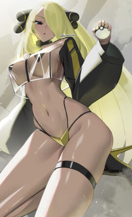 1girls bare_legs bare_thighs big_breasts blonde_hair blush breasts clothed clothing color cynthia_(pokemon) female female_focus female_only game_freak haska_(user_gure4787) hi_res large_breasts light-skinned_female light_skin long_hair looking_at_viewer nintendo pokeball pokemon pokemon_champion pokemon_dppt pokemon_trainer solo solo_female tagme thick_thighs