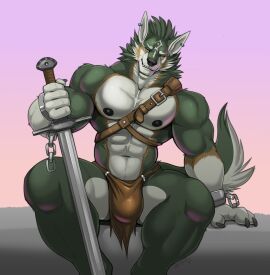 1boy abs anthro anthrofied biceps big_bulge big_muscles bottomwear bulge canid canine canis clothing dissimulated front_view fur green_body green_fur green_hair hair hi_res link loincloth looking_at_viewer male male_nipples male_only mammal melee_weapon muscles muscular muscular_anthro muscular_male nintendo nipples pecs simple_background sitting solo sword tail the_legend_of_zelda twilight_princess vexedlupine weapon wolf wolf_link