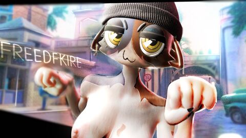 3d_render :3 anthro beanie boobs_out breasts city_background digital_art earring epic_games feline female feminine fortnite freedfkire furry looking_at_viewer meow_skulls meow_skulls_(fortnite) meowskulls neon_lighting nude nude_female paw_pose piercings raised_paws small_breasts smug_expression solo stylized toon_shading topless visible_nipples yellow_eyes