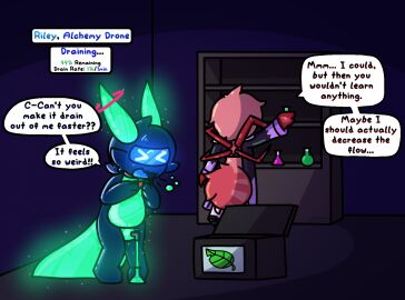 >_< after_transformation ambiguous_gender anthro arachnid arthropod bottle box closed_eyes collar collar_tag container dark_room dialogue dialogue_box draining drone dronification duo english_text faucet gameplay_mechanics gastropod genitals glowing glowing_body glowing_ears glowing_eyes glowing_tail glowing_visor green_body heart_collar_tag hi_res holding_bottle holding_container holding_object holding_potion living_potion long_ears mollusk multicolored_body name_in_dialogue number open_box penis penis_faucet pink_collar post-transformation potion potion_drone riley_(valytine) shelf skylarr_(valytine) slug speech_bubble spider spider_legs tail text transformation two-tone_body unusual_anatomy unusual_genitalia unusual_penis valytine