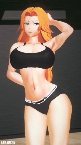 1girls arrancon big_breasts bleach blue_eyes breasts female female_only grimmed hand_on_head huge_breasts light-skinned_female long-haired_female long_hair matsumoto_rangiku orange-haired_female orange_hair pose posing short_shorts solo solo_female