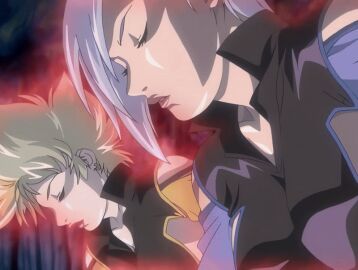 2006 2girls american animated aura bible_black bible_black_new_testament black_suit blonde_hair blue_hair breasts closed_eyes crowley's_guards energy female formal_clothes jody's_guards large_breasts lipstick multiple_girls night no_bra revealing_clothes shin_bible_black short_hair spiked_hair tagme