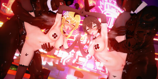 2boys 2d 2girls amber_(genshin_impact) big_breasts blonde_hair breasts brown_hair bunny_ears condom condom_in_mouth dark-skinned_male dark_skin doggy_style fake_animal_ears female fucked_silly gangbang genshin_impact koikatsu lumine_(genshin_impact) male naru6 pasties queen_of_spades sex tattoo yellow_eyes