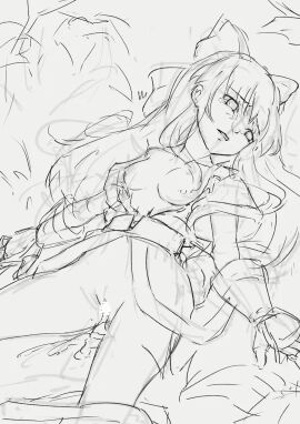 1girls after_sex ainu_clothes bottomless breasts breasts_out censored crying cum cum_in_pussy cumdrip defeat defeated_heroine female fingerless_gloves gloves highres king_of_fighters legs long_hair lying medium_breasts monochrome nakoruru nipples parted_lips pussy samurai_shodown sketch snk tears thighs torn_clothes