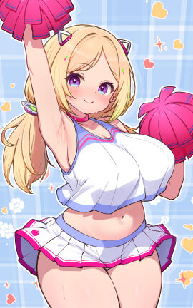 aki_rosenthal alternate_costume apple_print arm_up armpits blonde_hair blue_background blush breasts cheerleader commentary_request cowboy_shot detached_hair female floral_background hair_ornament heart heart_background highres hololive hololive_gen_1 hololive_japan kani_bonara large_breasts looking_at_viewer microskirt navel pleated_skirt pom_pom_(clothes) purple_eyes skirt smile solo stomach virtual_youtuber white_skirt