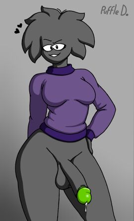 1futa areolae balls black_fur bottomless breasts clothed clothing club_penguin flaccid futa_only futanari grey_body humanoid humanoid_penis intersex nipples partially_clothed penis puffle puffledreemurr smooth_balls smooth_penis solo standing sweater