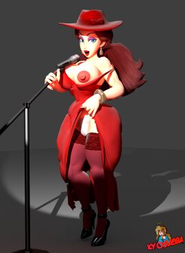 1girls 3d breast_out breasts brown_hair cleavage clothing ear_piercing eyelashes female female_only hat high_heels human human_only kyosaeba legwear lifting_skirt light-skinned_female light_skin lipstick looking_at_viewer mario_(series) mature mature_female microphone microphone_stand nintendo nipple_slip nipples open_mouth panties pauline pauline_(mario) red_dress red_hat red_legwear red_lipstick red_outfit seductive seductive_look sexy solo solo_female voluptuous voluptuous_female white_panties
