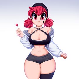 1girls beanie black_clothing bra breasts cleavage face_tattoo female female_only fully_clothed huge_breasts jacket light_clothing lollipop looking_at_viewer minishorts navel original popsicle red_eyes red_hair revealing_clothes saymanart single_thighhigh skimpy_clothes solo thick_thighs thighs vinyl_(saymanart) white_background