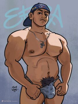 1boy artist_name bara bulge bulge_through_clothing facial_hair gay latino latino_male looking_at_viewer male muscular muscular_chest muscular_male nipples pecs pectorals pubic_hair tonyhony underwear yaoi