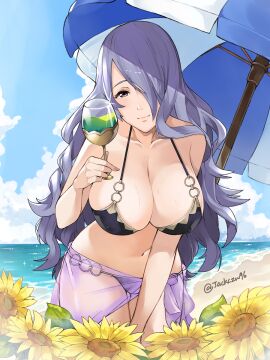 1girls alternate_costume beach beach_umbrella bikini breasts camilla_(fire_emblem) cleavage clouds drinking_glass female fire_emblem fire_emblem_fates fire_emblem_heroes flowers hair_over_one_eye holding_drinking_glass j@ck large_breasts long_hair looking_at_viewer midriff milf navel nintendo o-ring_bikini o-ring_swimsuit ocean official_alternate_costume outercourse purple_bikini purple_eyes purple_hair purple_sarong purple_swimsuit sarong sky sunflowers swimsuit umbrella water