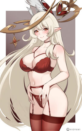 1girls alice_(genshin_impact) big_breasts breasts female female_focus female_only garter_belt garter_straps genshin_impact hioyami large_breasts light-skinned_female light_skin lingerie looking_at_viewer mature_female solo thighhighs thighs