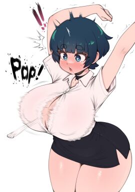 1girls big_breasts blush breasts breasts_bigger_than_head button_pop choker cleavage cleavage_window collared_shirt english_text female female_focus female_only heart-shaped_pupils mai_(mai_munah) miniskirt office_clothing office_lady onomatopoeia painted_nails short_hair short_skirt skirt solo solo_female solo_focus stretching surprised sweat text thick_thighs tight_clothing whomperfruit