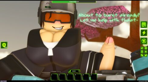 1boy 1girls 2025 3d baseball_cap belt big_breasts big_penis black_gloves blue_clothing blue_jumpsuit blue_sleeves blush breasts brown_hair cap cleavage clothed clothed_female clothed_male cryo_blaster_(tdx) dated day dialogue duo english_text female female_focus fully_clothed fully_clothed_male game_ui gloves goggles grabbing_penis handjob hat jumpsuit letterbox letterboxed light-skinned_female light-skinned_male light_skin long_hair long_sleeves looking_at_viewer male male/female male_pov moosty orange-tinted_eyewear outdoors pale-skinned_female pale-skinned_male pale_skin partially_unzipped penis penis_grab penis_out ponytail pov precum precum_drip roblox roblox_game robloxian sleeves smile straight text tower_defense_x tree white_cap white_hat xwm_turret_pilot_(tdx) zipper