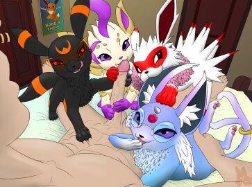 :3 ambiguous_fluids ambiguous_gender bed bedroom bedroom_eyes bedroom_sex bite claws collaborative collaborative_handjob collaborative_sex cute_fangs dahlia_(suni&felix) dominant door ear_bite eevee eeveelution espeon eyewear fakemon fangs felixguara female feral fingering fivesome forehead_gem furniture gem generation_1_pokemon generation_2_pokemon generation_4_pokemon glasses group group_sex handjob hang_in_there hi_res hoop horn human human_on_feral interspecies jolteon laugh laughing_at_another leafeon licking licking_lips looking_at_another male male/female mammal missy_(suni&felix) narrowed_eyes nintendo penile penis pokemon pokemon_(species) poster seductive sex suni'ave_(artist) teamwork teeth tongue tongue_out umbreon wardrobe zoophilia