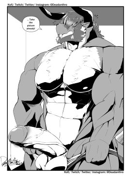 2023 2_horns abs anthro balls bara bashful beard big_muscles big_pecs big_penis blush blush_lines bodily_fluids border bovid chest_tuft clothed clothing deadanthro embarrassed english_text erection facial_hair fangs genital_fluids genitals hair hair_over_eyes half-length_portrait hi_res horn huge_cock jewish_mythology leaking_precum looking_away male mammal monochrome muscles muscular muscular_anthro muscular_male mythological_behemoth mythology partially_clothed pecs penis portrait precum presenting presenting_penis shaded shy signature solo talking_to_viewer teeth text throbbing_penis tuft underwear underwear_down undressed vein veiny_penis yaoi