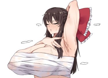 1girls armpit_fetish armpits big_breasts breasts brown_hair cleavage closed_eyes covered_navel erect_nipples_under_clothes female huge_breasts light-skinned_female light_skin long_hair miko nipple_bulge nipples_visible_through_clothing omikami reimu_hakurei sarashi shrine_maiden solo solo_female sweat touhou white_background