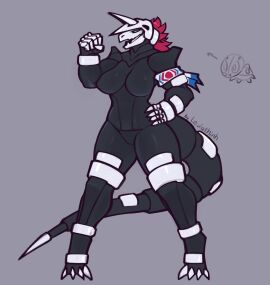 2d aggron anthro anthro_only arm_band armor aron breasts dragon dragon_girl english_text feathers featureless_breasts featureless_crotch female female_focus female_only grey_background hands_on_hips horns large_breasts leviathinh lizard_girl lizard_humanoid looking_at_viewer mostly_nude nintendo nipple_bulge open_mouth pokemon pokemon_(species) pokemon_only pokémon_(species) smile tail text thick_thighs