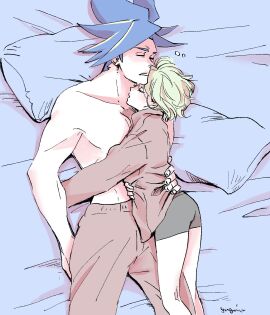 2boys after_sex androgynous clothed clothing cuddling femboy galo_thymos gay hand_on_partner lio_fotia male on_bed promare questionable size_difference twink wholesome yaoi