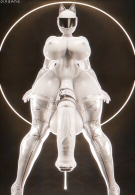 3d accessory armwear belt cum detailed_background dripping_cum erection futanari helmet hidden_face horsecock horsecock_futa jinsang_3d large_balls large_penis looking_at_viewer nevaeh_(jinsang) tights veiny_penis white_body