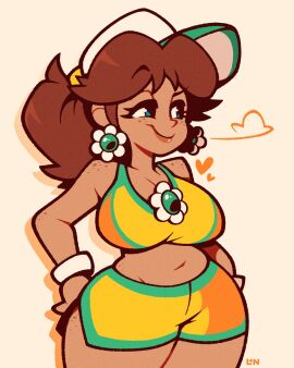 1girls big_breasts breasts brown_hair busty curvy earrings female green_eyes hat heart hips hips_wider_than_shoulders legendofnerd mario_(series) mario_kart mario_kart_world midriff nintendo ponytail princess_daisy princess_daisy_(swimwear) short_shorts shorts tan-skinned_female tan_skin thick_thighs thighs