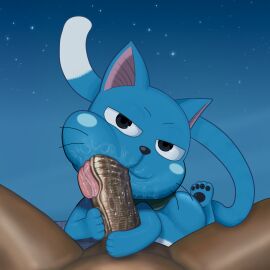 1:1 2boys 4_toes anthro ass backpack bedroom_eyes big_ass big_butt big_penis black_pawpads blue_body blue_fur brown_nose cat_ears cat_tail cheek_bulge dark-skinned_male dark_skin dipstick_tail domestic_cat dulone exceed fairy_tail feet feline fellatio fur furry gay genitals happy_(fairy_tail) holding_penis human human_on_anthro legs_apart long_tail looking_at_viewer male male_only mammal night nude outdoors pawpads paws penis pink_inner_ear pov saliva saliva_on_face saliva_on_penis saliva_on_tongue stars tail tongue tongue_out two-tone_fur veins veiny_penis whiskers white_belly white_fur