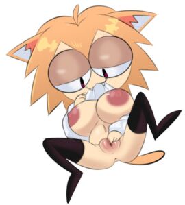 2d anthro anus ass big_breasts big_eyes big_nipples blonde_hair blush bottomless breasts cat_ears cat_girl cat_humanoid cat_tail catgirl clitoris clothing clothing_lift digital_media_(artwork) erect_nipples fangs felid feline female female_only fingering fingering_pussy fingering_self front_view genitals half-closed_eyes hi_res huge_breasts humanoid legs_apart legwear masturbation melty_blood navel neco-arc nipples on_back orange_hair partially_clothed plump_labia pussy raised_leg red_eyes seductive shirt_in_mouth simple_background smile solo tail top_heavy topwear topwear_lift tsukihime vaginal vaginal_masturbation vvvvvooooooo white_background