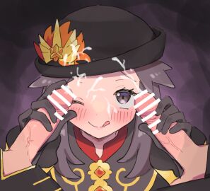 1girls 2boys :q alternate_costume bar_censor black_gloves black_hat blush censored commentary cum double_handjob ejaculation facial female gloved_handjob gloves grey_eyes grey_hair handjob hat leaf_(champion)_(pokemon_masters) leaf_(pokemon) male multiple_boys multiple_males official_alternate_costume one_eye_closed penis pokemon pokemon_frlg pokemon_masters pokemon_masters_ex pumpkinpan smile straight tongue tongue_out