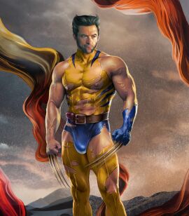 1boy abs bara biceps big_bulge bulge carlos_gzz claws clothing daddy dilf flaccid hugh_jackman james_howlett logan_(x-men) male male_nipples male_only marvel marvel_comics masculine_male mature_male muscular muscular_male nipples pecs penis solo solo_male tight_clothing wolverine_(x-men) x-men yaoi
