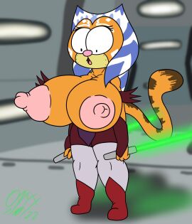 1girls ahsoka_tano alternate_version anthro background barely_clothed big_breasts big_nipples blurred_background blurry_background boots bracers breast_expansion breast_focus breast_growth breast_growth_(enlargement) breasts breasts_bursting_out breasts_out breasts_outside bursting_breasts bursting_out_of_clothing cat_girl cat_humanoid cat_nose cat_tail catgirl cleavage clothes clothing color colored detailed_background dual_wielding erect_nipples expansion eyelashes eyes_wide_open female female_focus female_only focused front_view fur fusion fusion_character garfield_(series) garfield_the_cat hair laser laser_beam leggings lightsaber long_hair looking_at_breasts looking_at_self looking_down mad_(series) nipples nipples_out nipples_outside onyx_twilight orange_fur pew practically_nude revealing_clothes spacecraft spaceship_interior standing star_wars sudoku_(mad) surprised surprised_expression text togruta topless weapon weapons