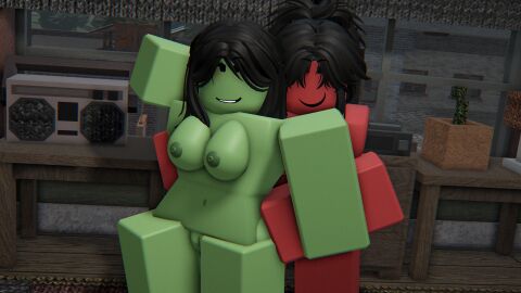 2girls 3d after_the_flash black_hair female green_skin hyakuyen looking_at_viewer mutant mutant_(atf) nude red_skin roblox roblox_game robloxian tagme