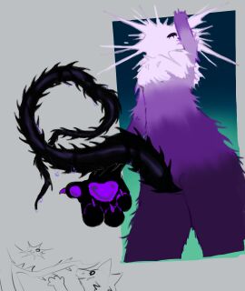 1_eye 4_fingers ambiguous_gender bodily_fluids claws crotch_tentacles digital_media_(artwork) fingers fr3nesi fur genitals hi_res humanoid iris_(fr3nesi) long_penis looking_down male pawpads penis perspective purple_body purple_fur slim solo spiked_penis spikes spikes_(anatomy) tentacle unknown_species unusual_anatomy unusual_genitalia unusual_penis