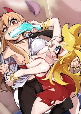 2girls aggressive angel angry angry_expression angry_face blonde_female blonde_hair bongftah bracelet breasts breasts_out breasts_pressed_against_another breasts_pressed_against_partner breasts_pressed_together catfight censored_nipples chainsaw_man crossover fight fighting gun hair_pull horn horns panty_&_stocking_with_garterbelt panty_anarchy pistol pistol_in_hand power_(chainsaw_man) pulling_hair ripped_clothing ripping_clothing sfw toilet toilet_seat yuri