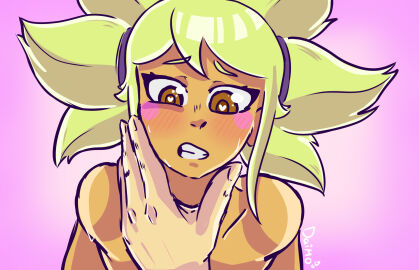 blonde_hair blush brawl_stars brown_eyes daimonart daimonasvt dark_skin female heart-shaped_pupils mandy_(brawl_stars) shoulders twintails