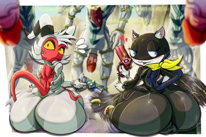 3:2 6+boys 7boys affinity_(bayonetta) angel anthro ass ass_bigger_than_head back_muscles background_text backsack balls ballsack bandana bayonetta bayonetta_(cosplay) bayonetta_(series) big_ass big_penis black_fur blue_eyes blush blush_lines chains clothing cosplay crossover derringer detailed_background domestic_cat eastern_and_western_character enochian felid feline felis femboy genitals glistening glistening_body glock glock_17 gold_(metal) gold_chain gold_jewelry group gun heart_reaction heart_symbol hearts_around_body heaven helluva_boss hi_res holding_gun holding_object holding_weapon huge_ass imminent_sex imp jewelry kerchief large_ass large_penis latex latex_clothing latex_skinsuit longhair love love_is_blue_(bayonetta) male male/male male_only mammal megami_tensei monana-yo1 morgana_(persona) moxxie_(helluva_boss) multiple_boys multiple_males muscles nature nature_background penis persona persona_(series) persona_5 pistol pistol_out pistols ranged_weapon red_skin revolver scarborough_fair_(bayonetta) shocked skinsuit sky tight_clothing weapon wobbly yaoi yellow_sclera