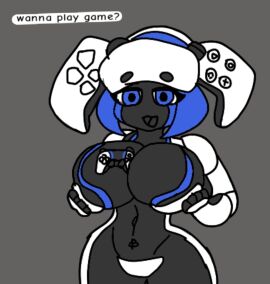 1girls android android_girl big_breasts black_skin blue_eyes blue_hair breasts female gajinka mechacarnis mechanical midriff playstation playstation_5 playstation_controller pussy pussy_pasty tagme talking_to_viewer twintails
