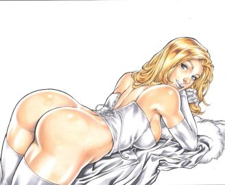 ass ass_focus ass_up blonde_female blonde_hair blue_eyes bottomless bottomless_female bubble_ass bubble_butt corset ed_benes ed_benes_studio emma_frost female hellfire_club marvel marvel_comics no_panties silver_lipstick white_queen x-men