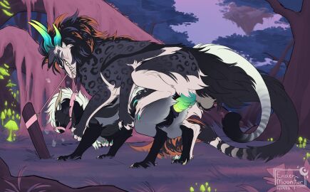 black_body black_fur blue_horn claws dragon duo endermoonfur felkin female feral fur furred_dragon furred_scalie genitals grass green_horn green_knot green_penis grey_body grey_fur hi_res horn knot male male/female mane mythological_creature mythological_scalie mythology penetration penis plant purple_grass scalie teats teeth vaginal_penetration white_body white_claws white_fur white_mane