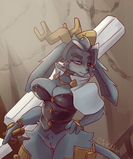 2024 anthro antlers big_breasts biped black_clothing black_nose black_topwear blue_eyes bottomless bottomless_anthro bottomless_female breasts cape cheek_tuft clothed clothing crotch_tuft digital_media_(artwork) dream_breaker_(pseudoregalia) eyebrows facial_tuft female fingers floppy_ears fur genitals grey_body grey_fur grey_hair hair half-closed_eyes hand_on_hip hand_on_own_hip hi_res hip_tuft holding_melee_weapon holding_object holding_weapon horn hybrid jackalope lagomorph leg_armor leporid looking_away lop_ears mammal melee_weapon narrowed_eyes oysterkibble partially_clothed partially_clothed_anthro partially_clothed_female pseudoregalia pupils pussy rabbit signature solo sybil_(pseudoregalia) tail thick_eyebrows thigh_gap topwear tuft weapon white_clothing white_pupils white_topwear wristband