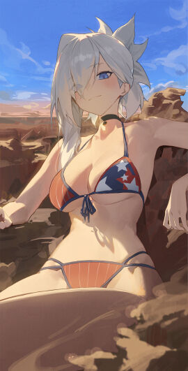 1girls american_flag american_flag_bikini apexhiru big_breasts bikini blue_eyes blush blushing blushing_at_viewer breasts collar female female_focus female_only hair_over_one_eye light-skinned_female light_skin looking_at_viewer outside silver_hair sitting sitting_down solo solo_female solo_focus