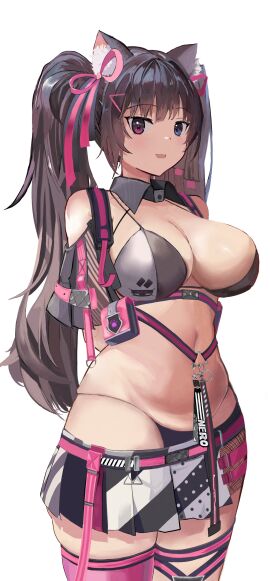 1girls arms_behind_back ass belly belly_button black_hair blue_eyes blush bra breasts cat_ears cleavage female female_only goddess_of_victory:_nikke heterochromia hips nero_(nikke) open_mouth panties pink_eyes thick_ass twintails white_background