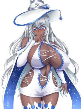 1girls 2024 arm_sleeves big_breasts blue_eyes blush breasts dark-skinned_female dark_skin female female_only legwear long_hair looking_at_viewer original original_character revealing_clothes rough_(riferio) sideboob silver_hair smiling smiling_at_viewer solo white_background white_eyelashes white_hair witch_hat