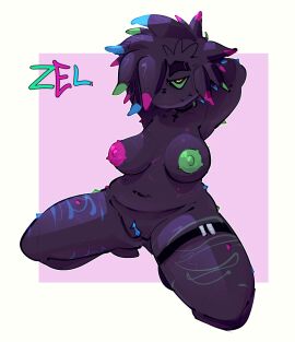 1girls black_body blue_pussy egstym female female_focus female_only green_nipples green_sclera hair_over_one_eye hands_behind_head legs_apart legs_spread on_knees original_character pink_nipples pussy sea_urchin sea_urchin_humanoid solo solo_female solo_focus tagme thick_eyebrows yellow_eyes